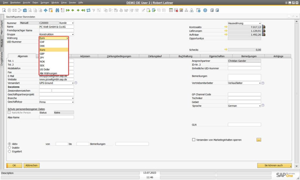 SAP Business One Geschäftspartner-Stammdaten Währungen