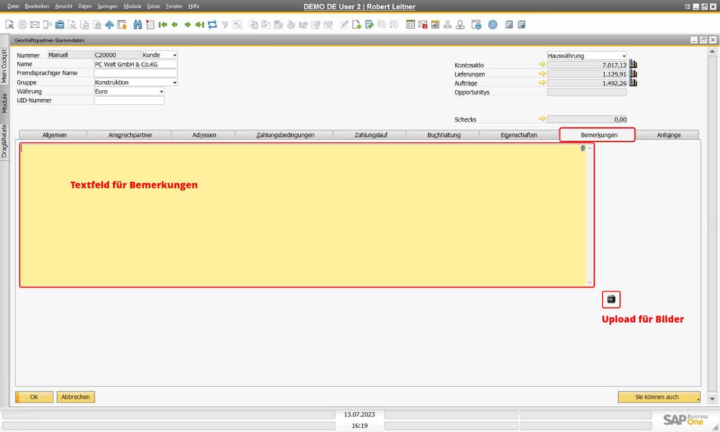 SAP Business One Geschäftspartner-Stammdaten Bemerkungen