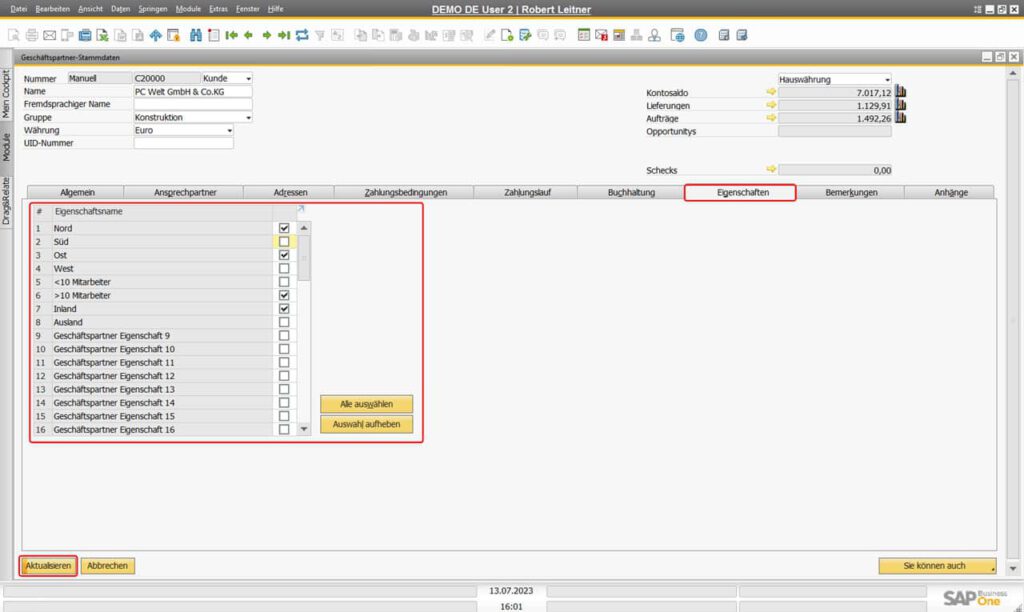 SAP Business One Geschäftspartner-Stammdaten Eigenschaften