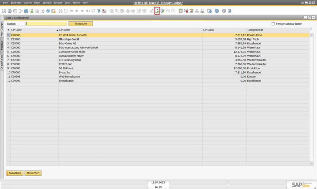 Geschäftspartner-Stammdaten von SAP Business One Formulareinstellungen der Trefferliste