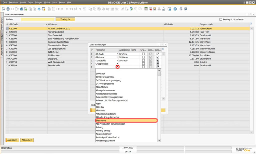 SAP Business One Geschäftspartner-Stammdaten Trefferliste einer Suche in den Formulareinstellungen anpassen