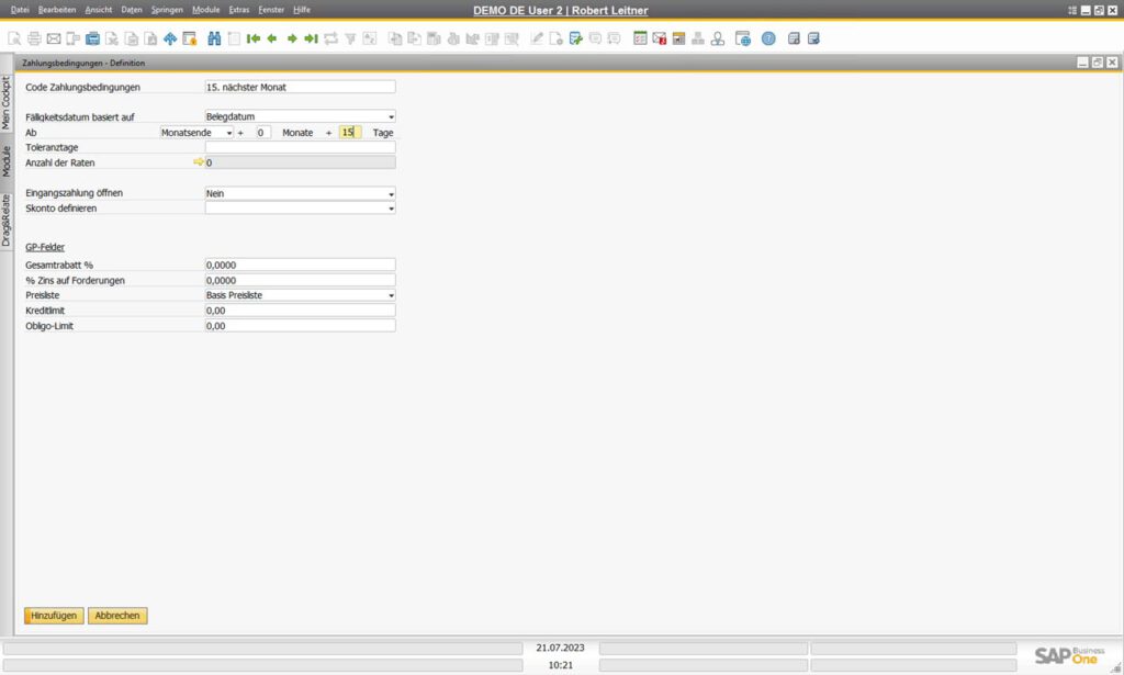 SAP Business One Zahlungsbedingung zum 15.