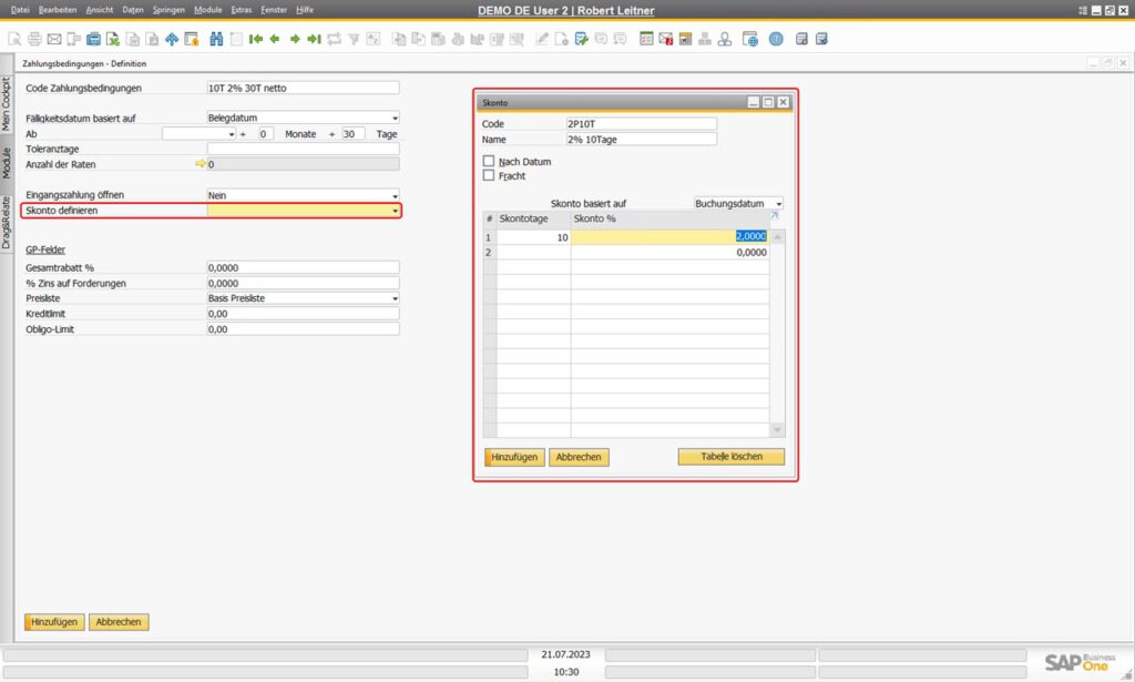 SAP Business One Zahlungsbedingung mit Skonto
