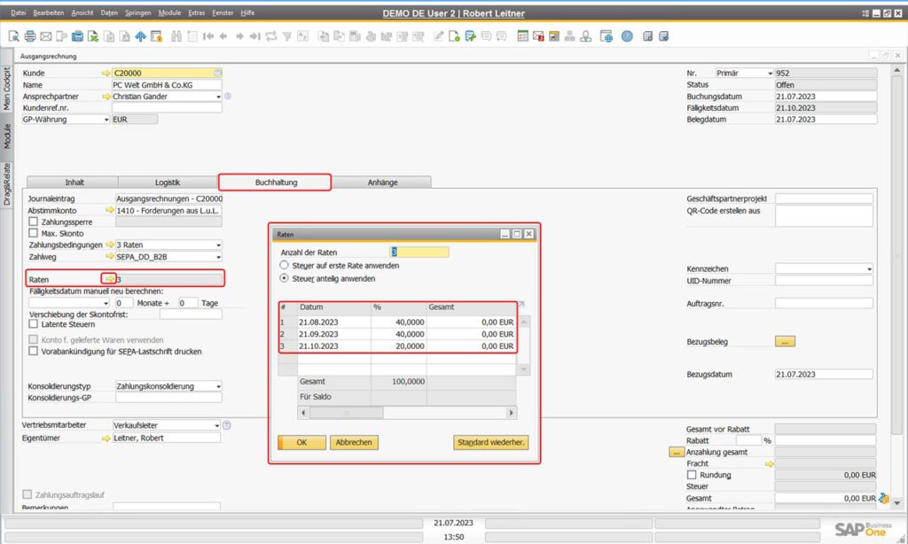 SAP Business One Ratenvereinbarung in der Ausgangsrechnung