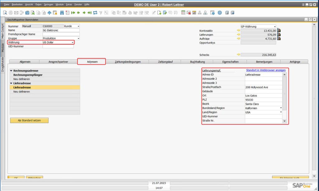 Ausländische Geschäftspartner in SAP Business One - Adresse