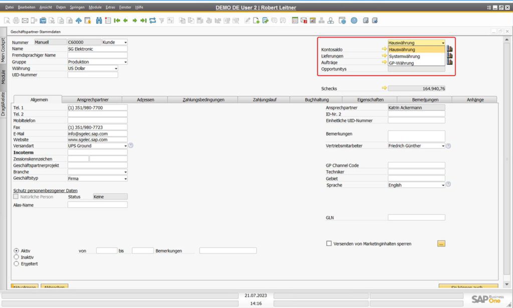 Ausländische Geschäftspartner in SAP Business One - Kontensaldo