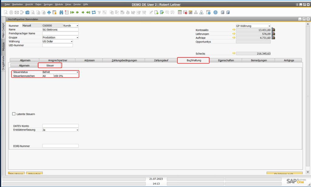 Ausländische Geschäftspartner in SAP Business One - Steuer