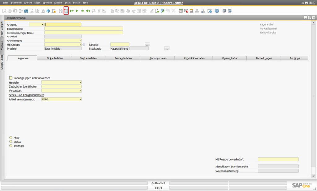 Artikel in den Artikelstammdaten von SAP Business One anlegen