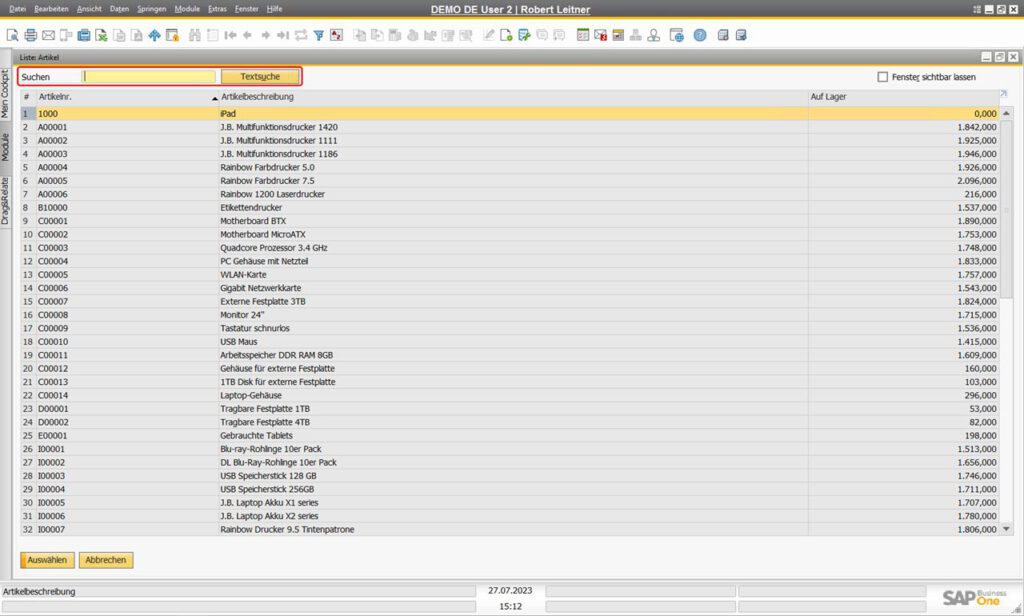 SAP Business One Artikel suchen - Auswahlliste