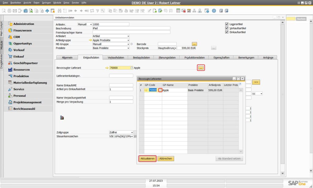 Bevorzugter Lieferanten in den Einkaufsdaten der Artikelstammdaten von SAP Business One