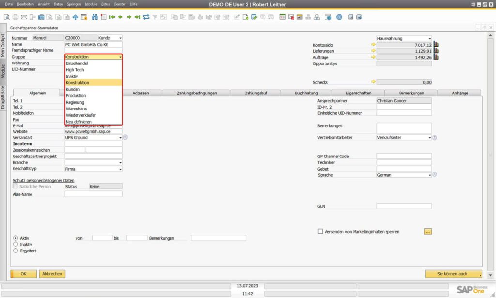 SAP Business One Geschäftspartner-Stammdaten Kundengruppen