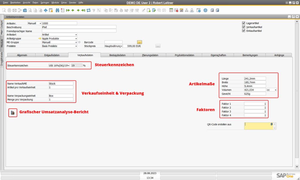 SAP Business One Artikelstammdaten - Reiter: Verkaufsdaten