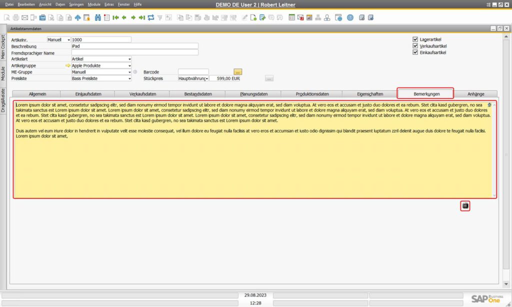 Reiter der Artikelstammdaten in SAP Business One - Bemerkungen