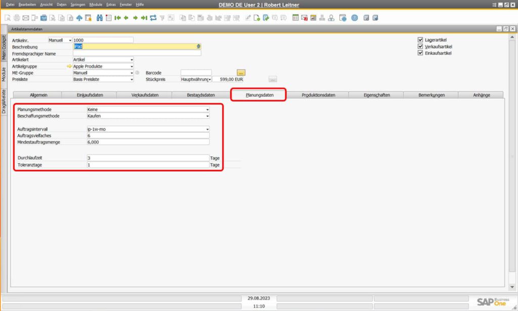 Reiter der Artikelstammdaten in SAP Business One - Bestandsdaten