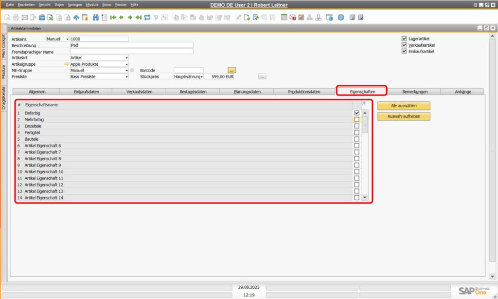 Reiter der Artikelstammdaten in SAP Business One - Eigenschaften