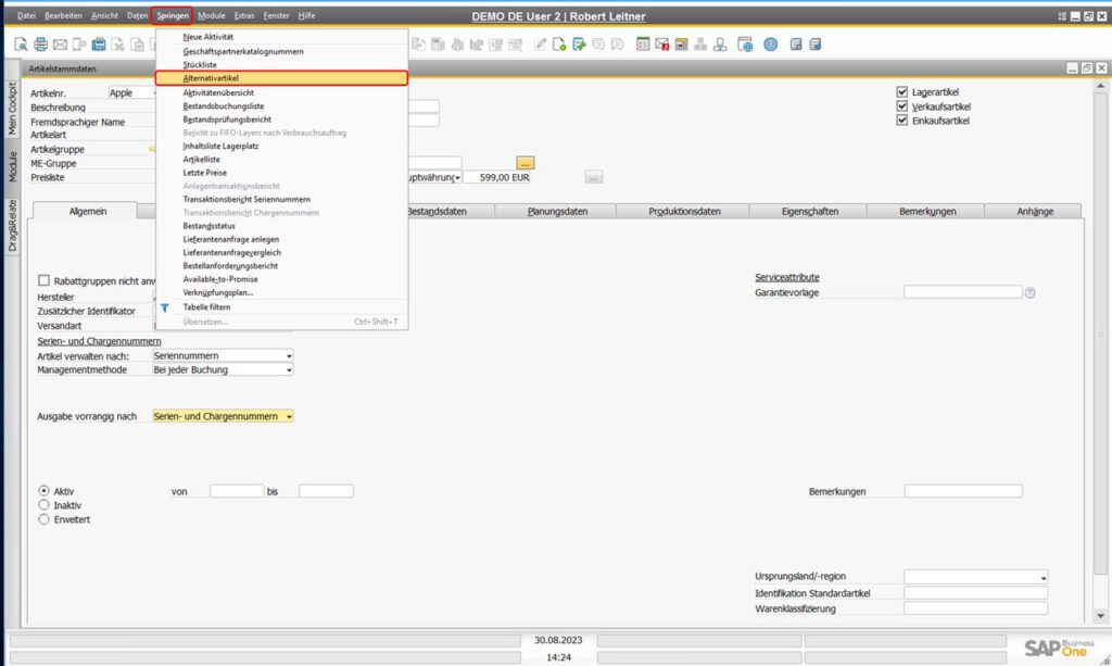 Liste der Alternativartikel in SAP Business One