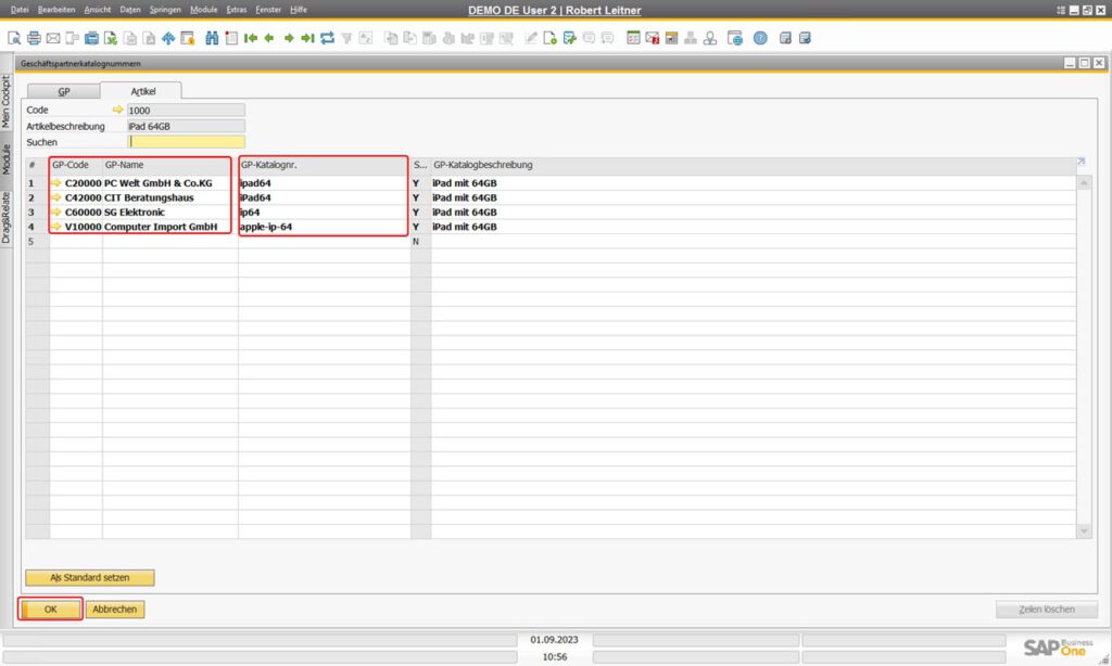 SAP Business One Katalognummern in den Artikelstammdaten Liste anlegen