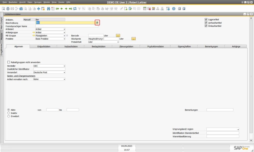 SAP Business One Globussymbol für übersetzbare Felder