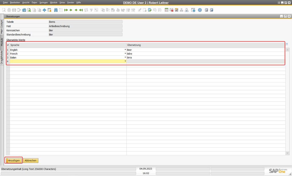 SAP Business One Übersetzungen - Liste definieren