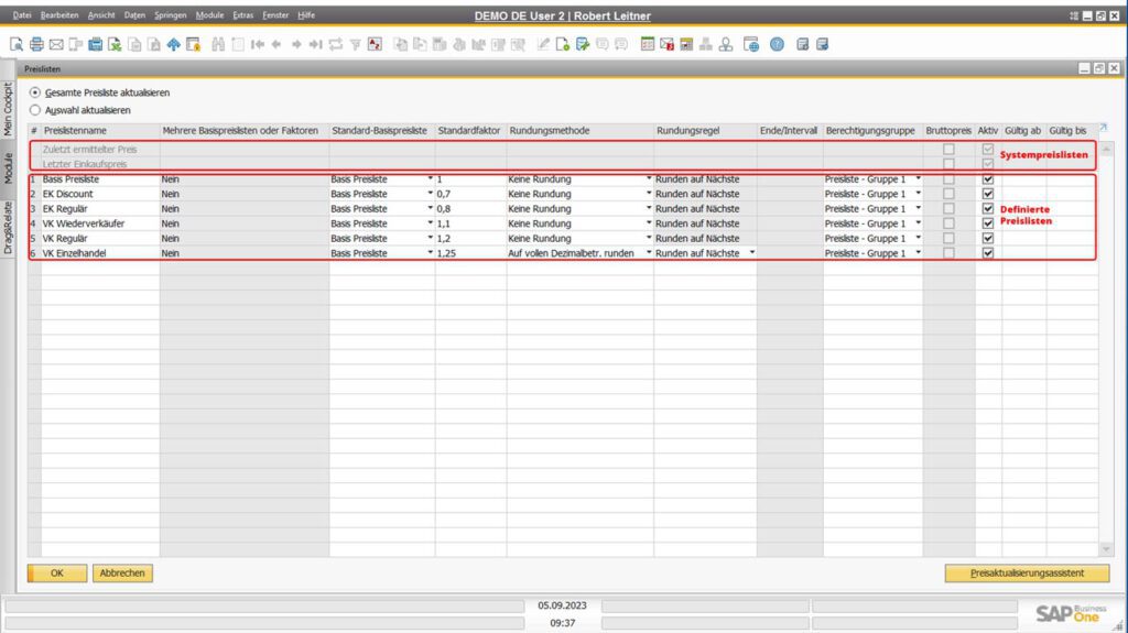 Preislisten-Übersicht in SAP Business One