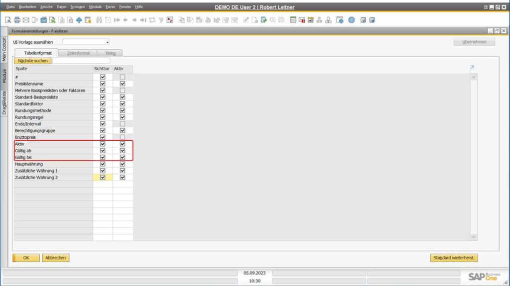 Neue Spalten für Preislisten in SAP Business One 9.0