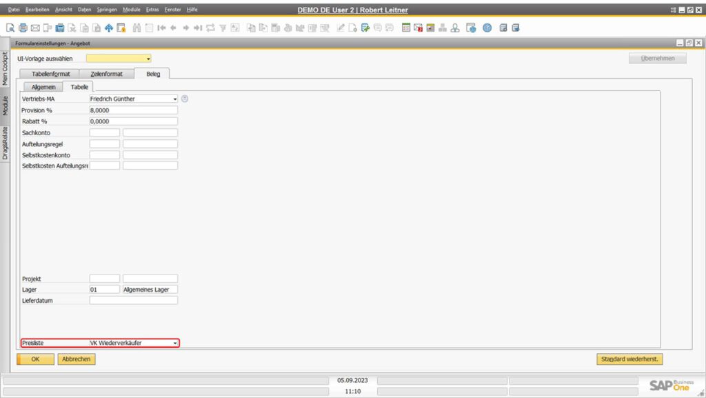 Preisliste in einem Angebot von SAP Business One