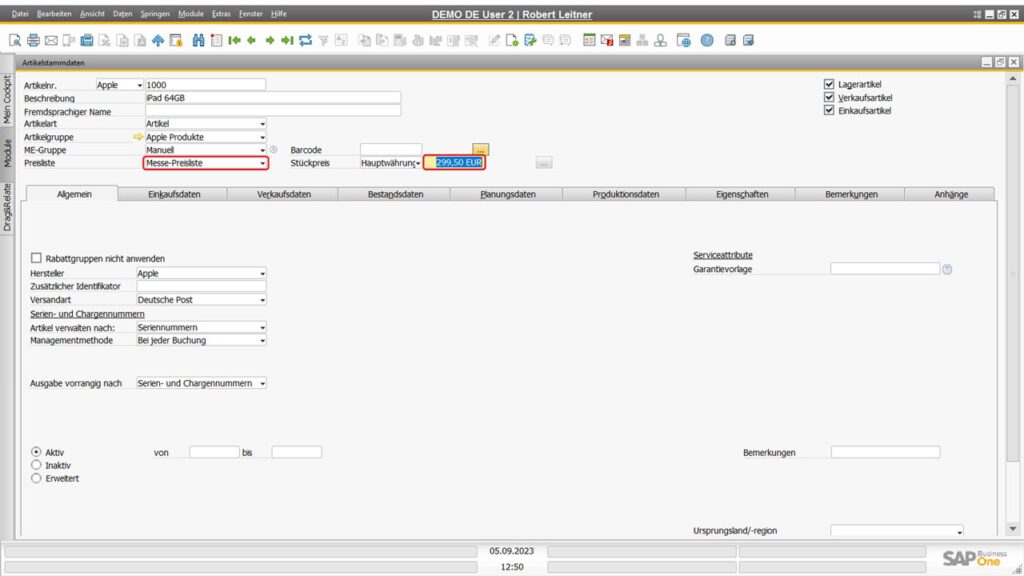 Artikelpreise in den Preislisten von SAP Business One anpassen