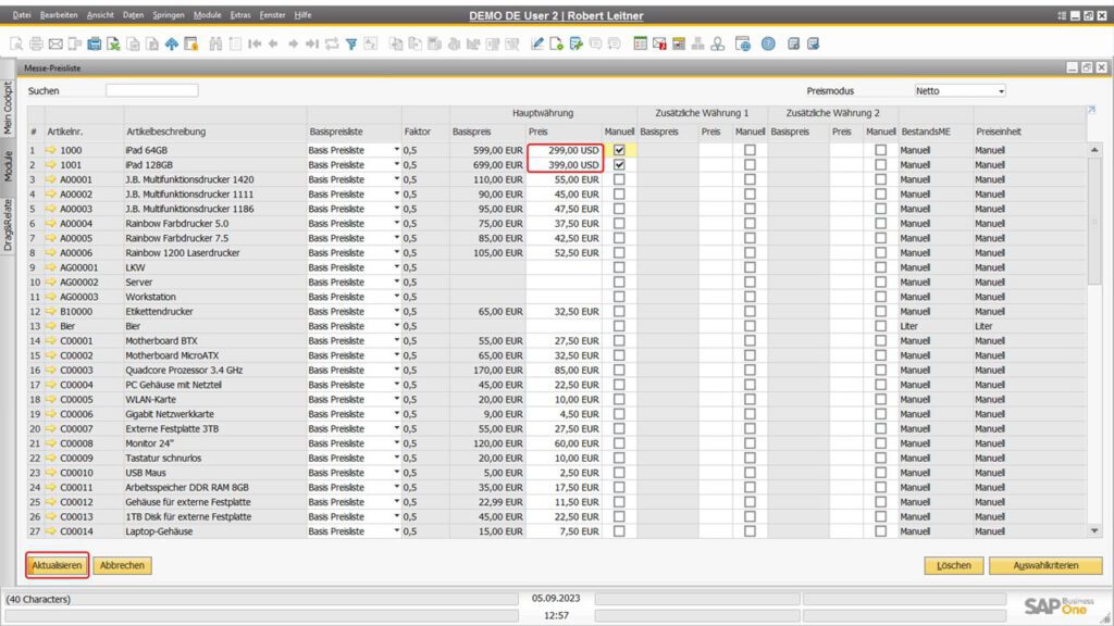 Alternative Währungen für Artikelpreise in den Preislisten von SAP Business One