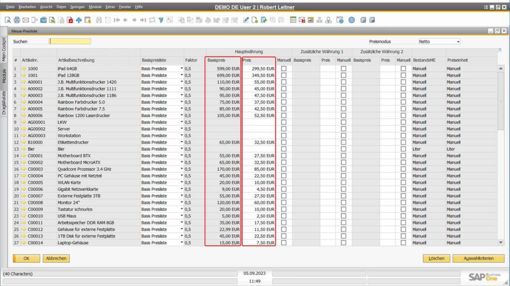 Artikelpreise in Preislisten von SAP Business One