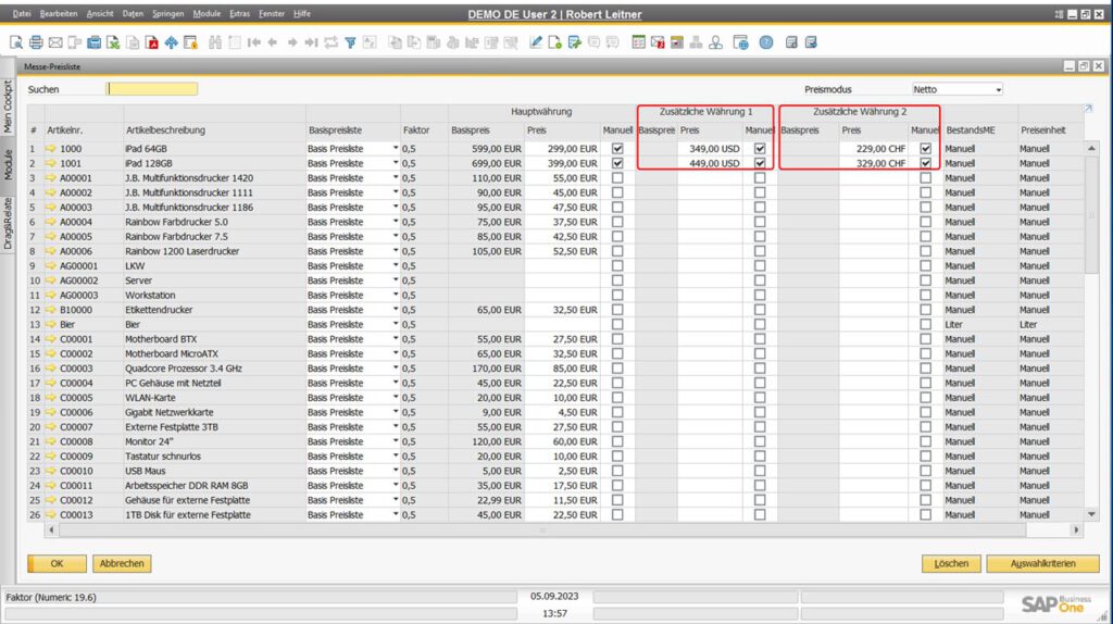 Mehrere Währungen in einer Preisliste von SAP Business One