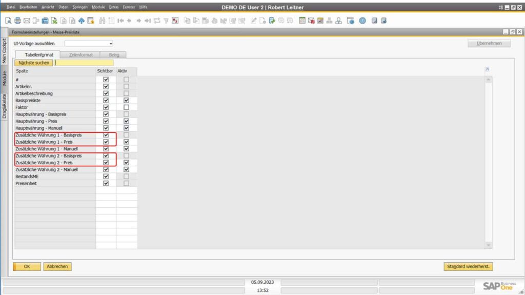 Zusätzliche Währung in der Preisliste von SAP Business One