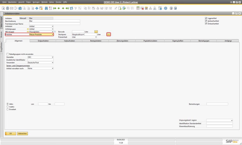 Preise für Mengeneinheiten in SAP Business One über die Artikelstammdaten verwalten