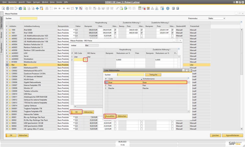 Preise für Mengeneinheiten in SAP Business One über die Preislisten verwalten