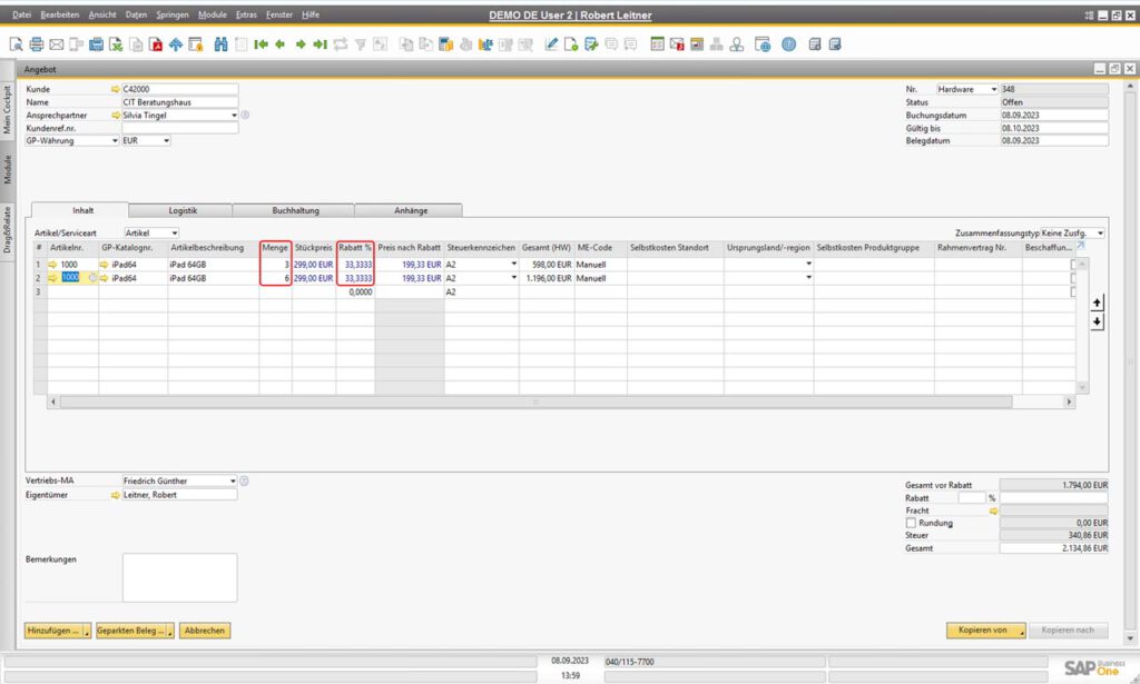 Rabattgruppen in SAP Business One - Freie Mengen im Verkauf