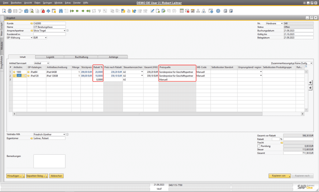 Sonderpreise für Geschäftspartner im Verkauf in SAP Business One