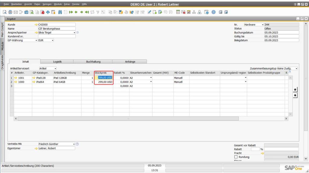 SAP Business One Alternative Währungen in Preislisten