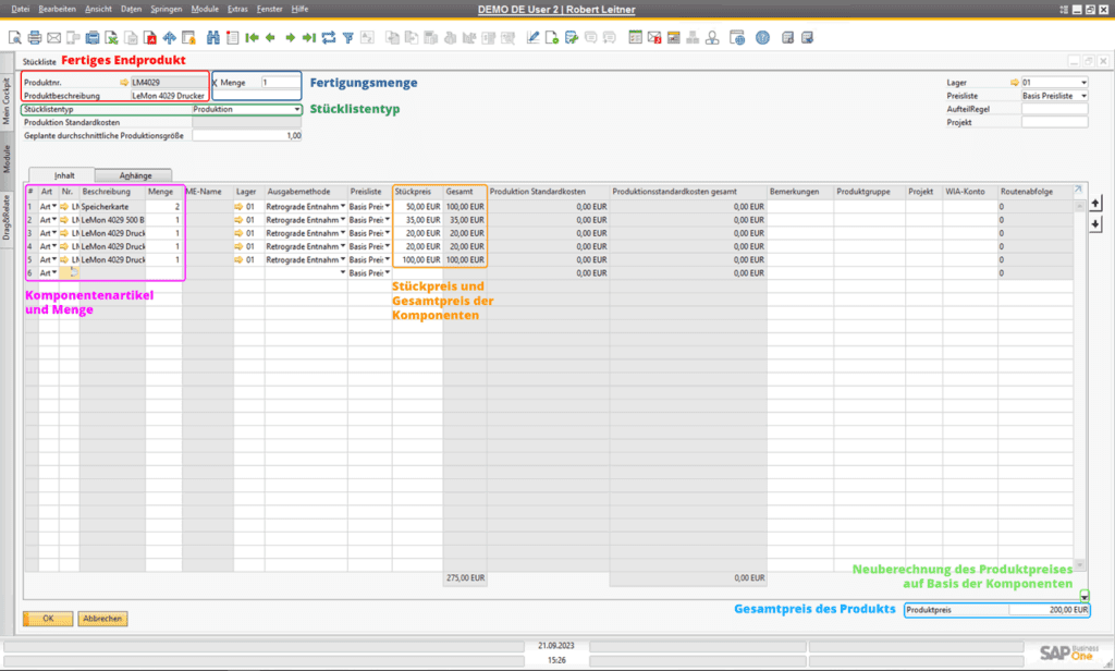Aufbau einer Stückliste in SAP Business One