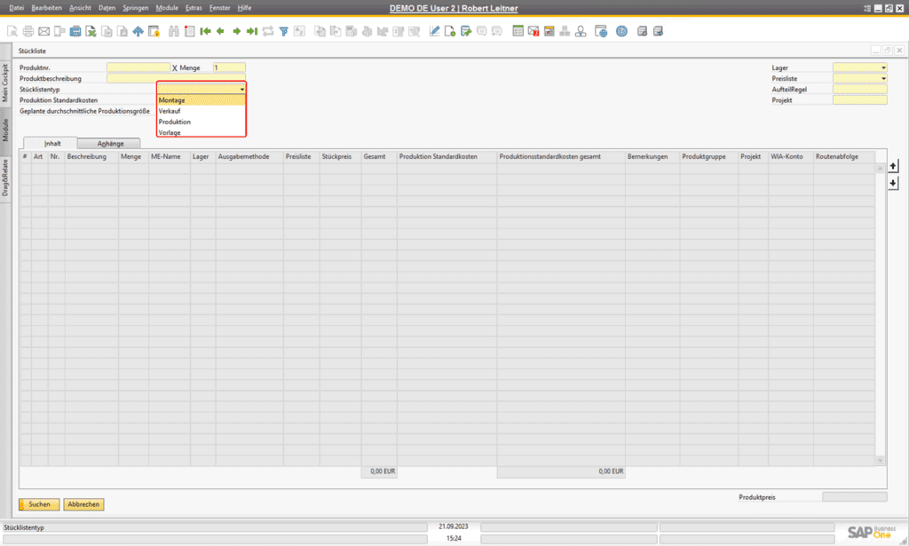 Stücklistentypen in SAP Business One