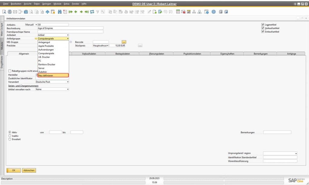 Artikelgruppe in SAP Business One definieren