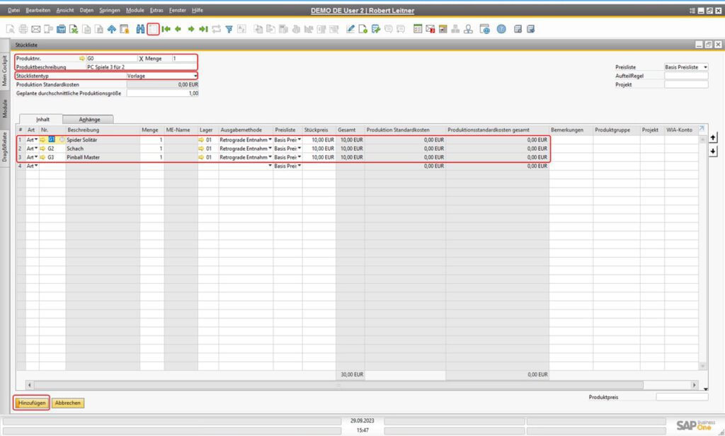 Eine Vorlagenstückliste in SAP Business One definieren