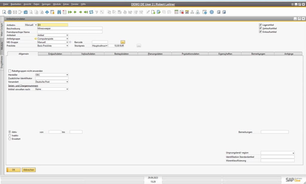 SAP Business One Vorlagestücklisten - Artikel