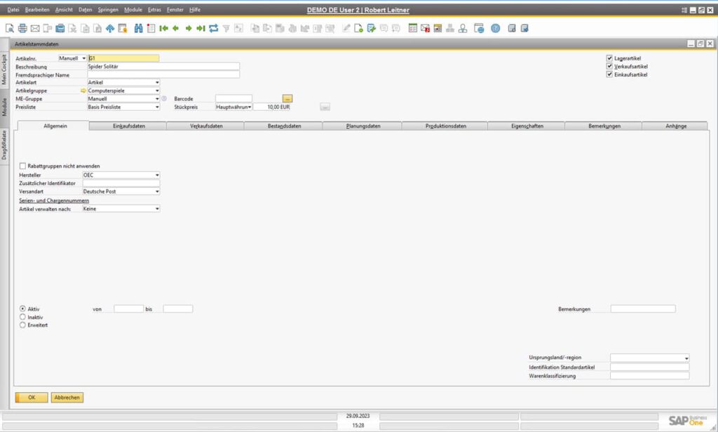SAP Business One Vorlagestücklisten - Artikel
