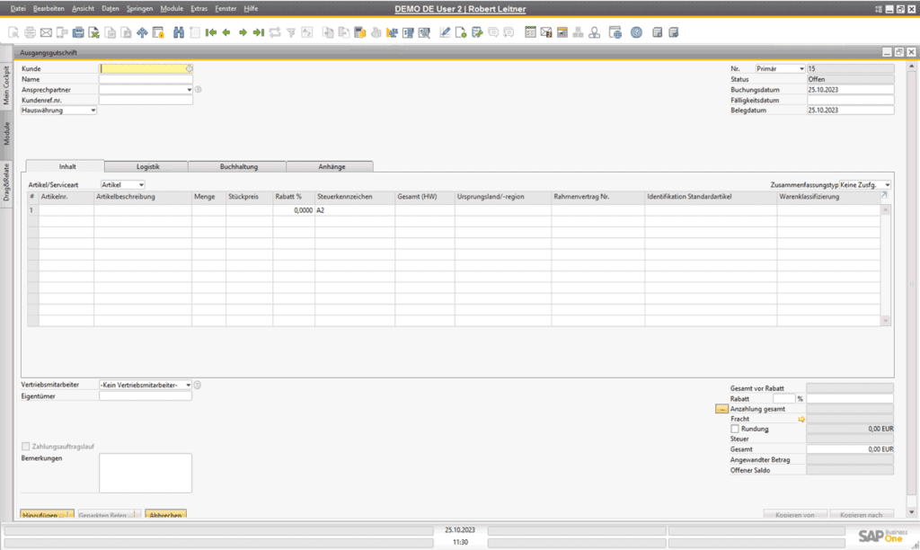 Ausgangsgutschrift im Verkauf von SAP Business One