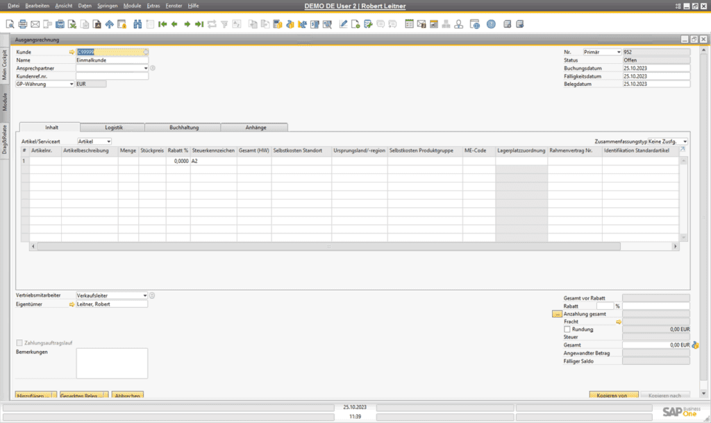 Ausgangsrechnung und Zahlung im Verkauf von SAP Business One
