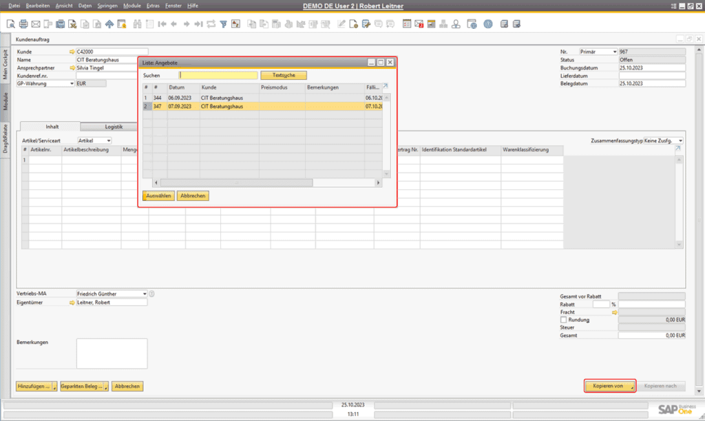 Funktion in Ein- und Verkaufsbelegen von SAP Business One: Belege kopieren