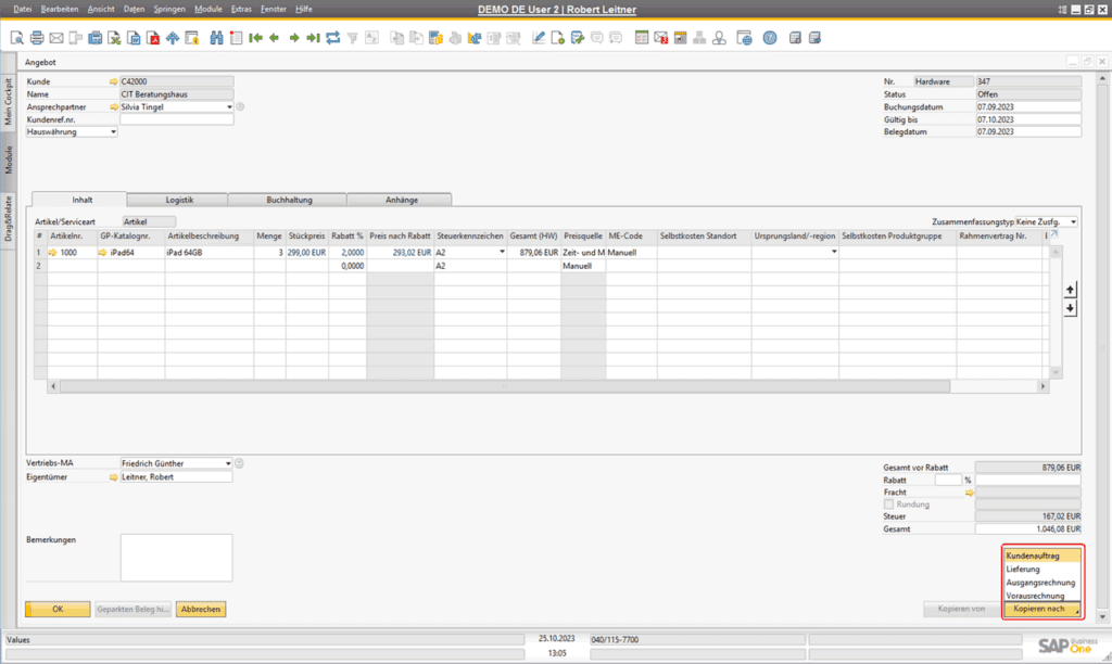 Funktion in Ein- und Verkaufsbelegen von SAP Business One: Belege kopieren