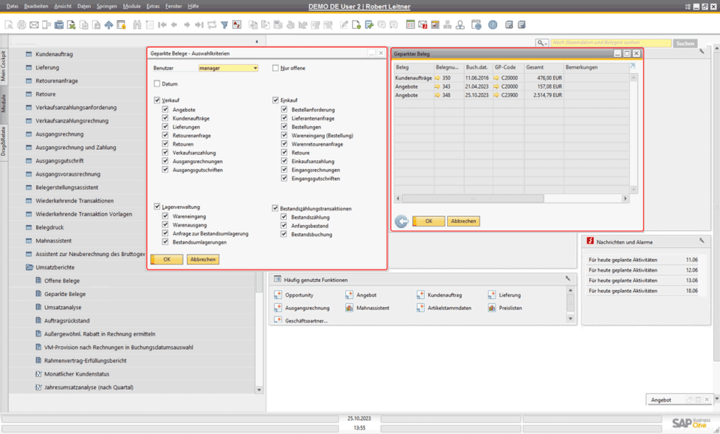 Erweiterte Funktionen in den Ein- und Verkaufsbelegen von SAP Business One: Belege parken Übersicht