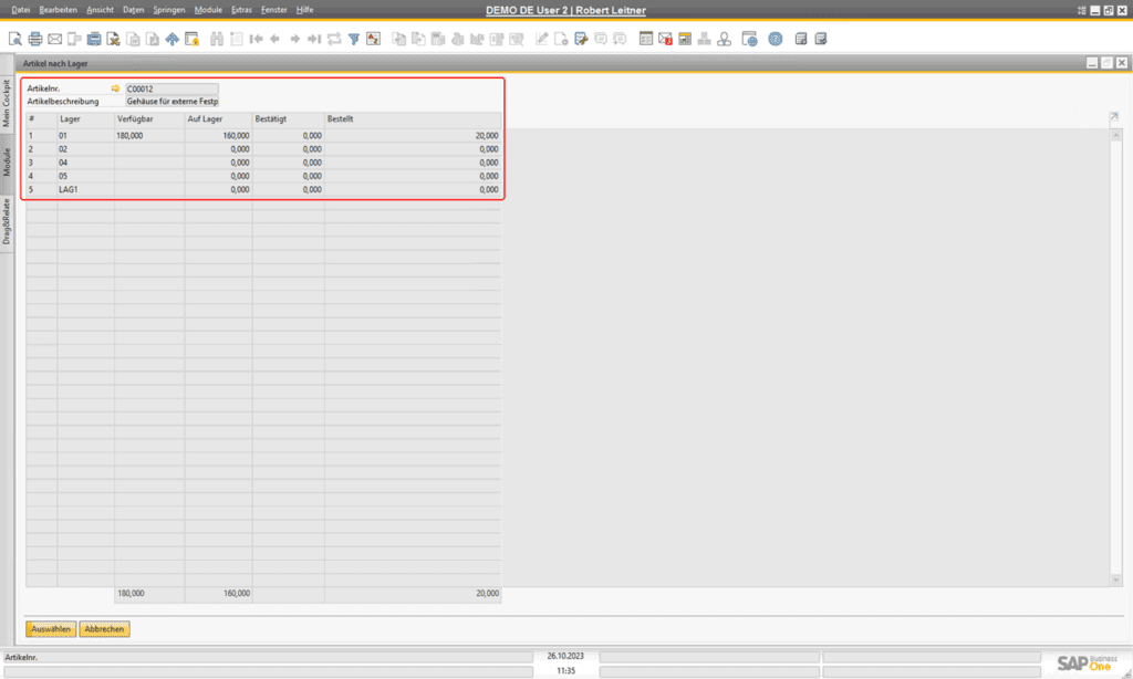 STRG + TAB im Feld Lager von SAP Business One: Artikel nach Lager