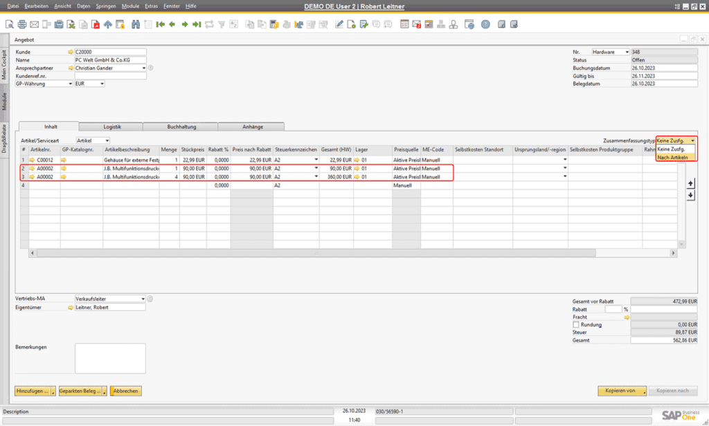 Artikel gruppieren mit dem Zusammenfassungstyp in SAP Business One