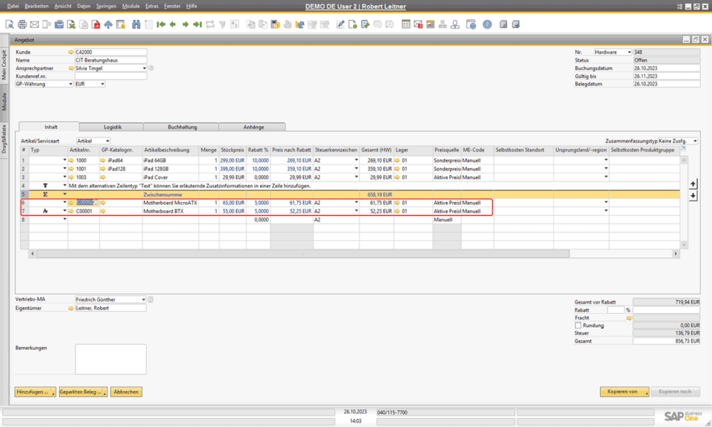 SAP Business One - Alternative Zeilentypen: Alternative Artikelposition
